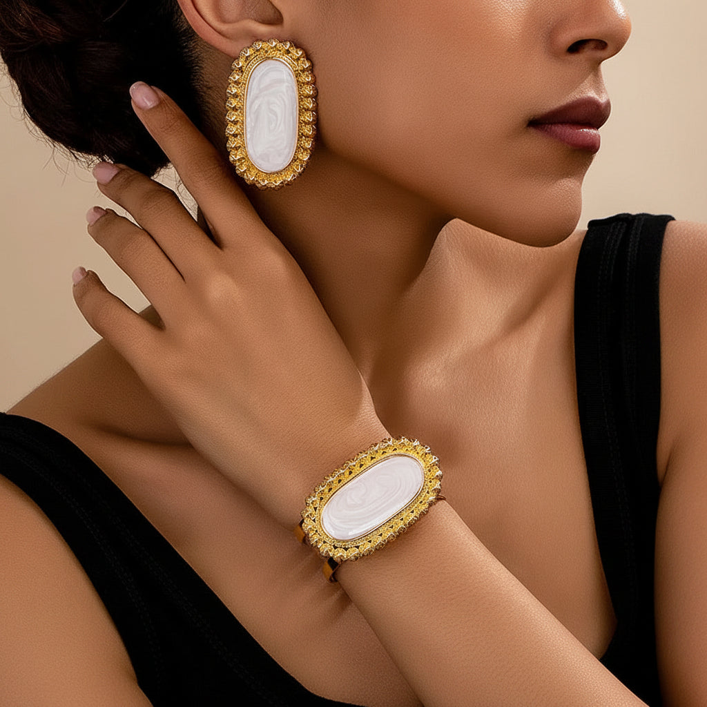 Oval Enamel Earrings and Bracelet Set: White