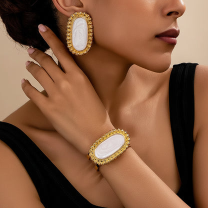 Oval Enamel Earrings and Bracelet Set: White