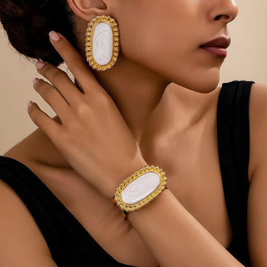 Oval Enamel Earrings and Bracelet Set: White