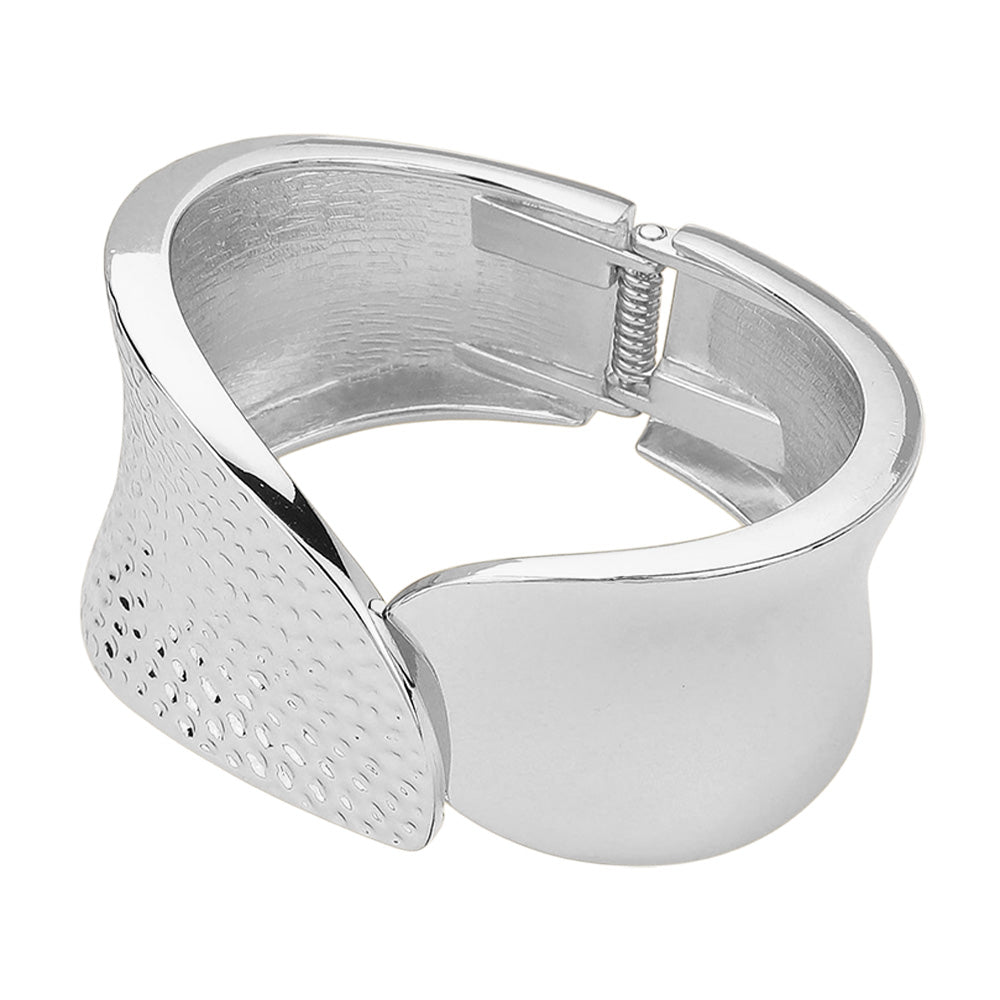 Textured Metal Hinged Bangle Bracelet - Silver