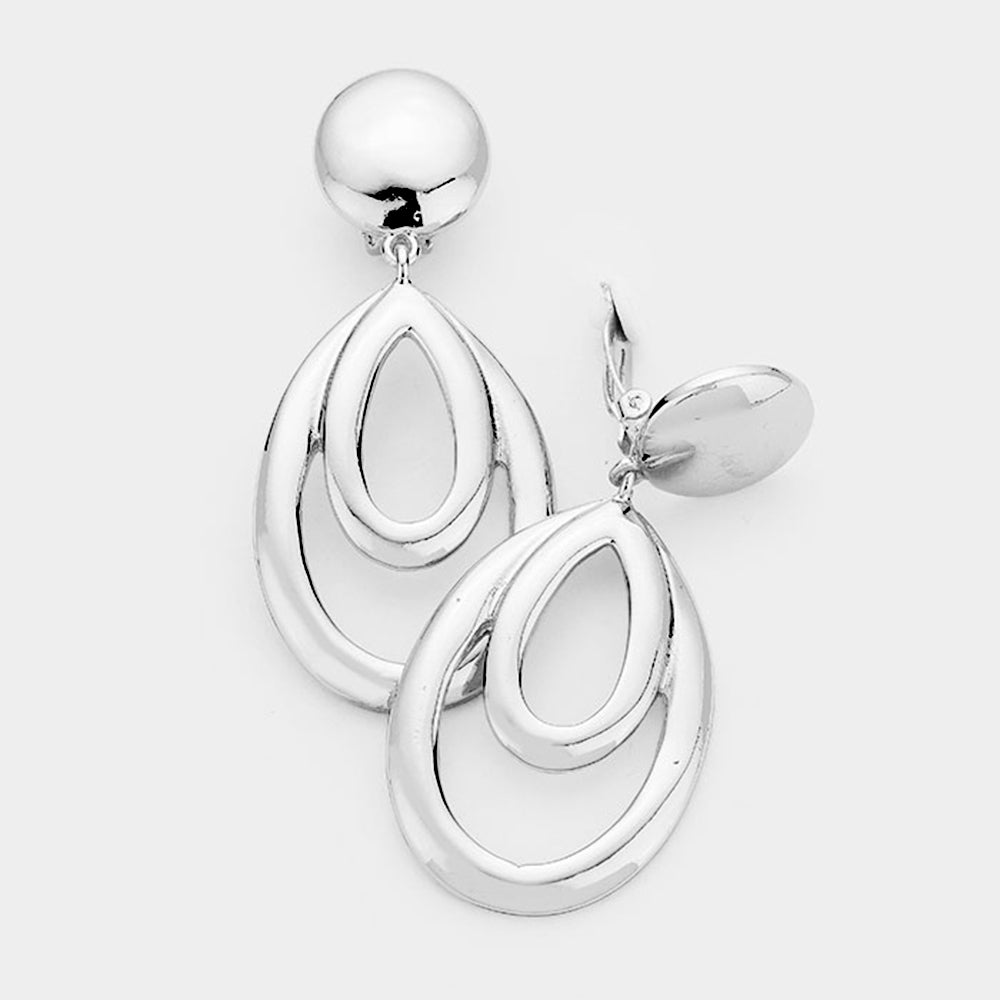 Teardrop Metal Clip On Earrings-Silver/Rhodium