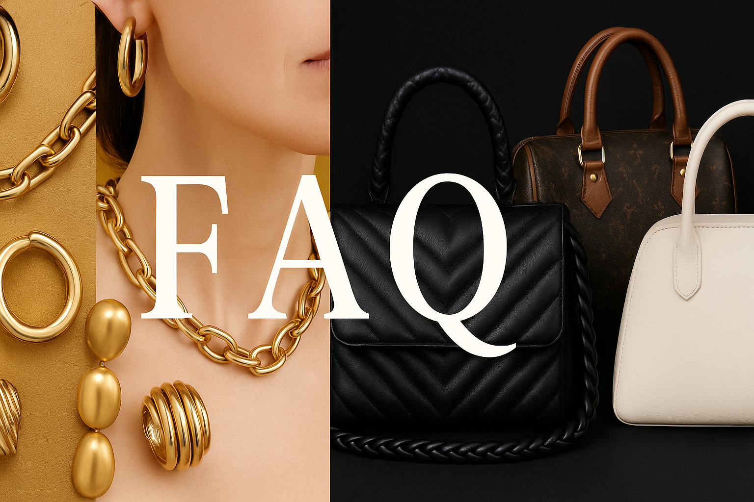 Tutts McCoy FAQ banner featuring women’s gold jewelry and cross-body women handbags in a luxury layout.